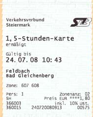 Typická jízdenka štýrského dopravního svazu vydaná strojvedoucím na trati Feldbach - Bad Gleichenberg. (Klikněte pro zobrazení druhé strany.)