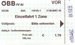 Dodatečně označená jízdenka za 1,70 euro opatřená logem ÖBB z automatu na stanici S-Bahn. (Klikněte pro zobrazení druhé strany.)